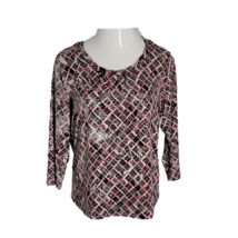 Alia Cute Classy Blouse Shirt ~ Sz M ~ 3/4 Sleeve ~ Black, Red, Silver ~ Stretch - £17.78 GBP