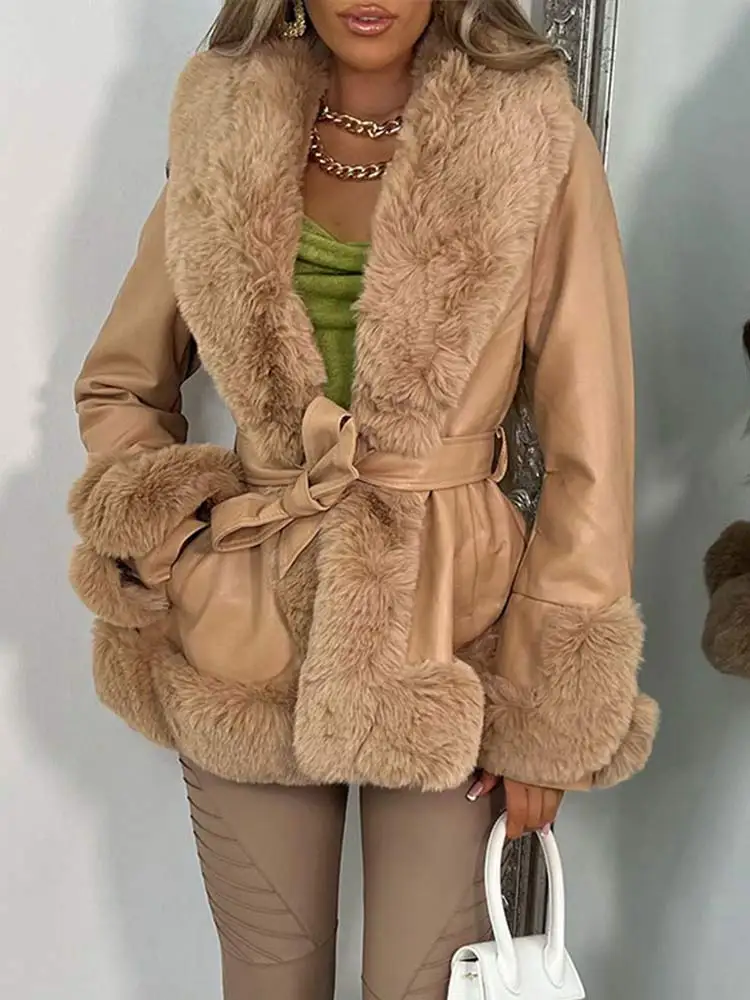PU Leather Women Fashion Coat 2022 Autumn Winter Warm Thick  V-Neck High Street  - £196.26 GBP