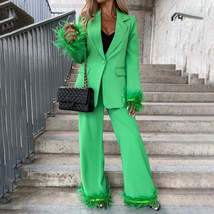 Feather Blazer Two Piece Set Women Solid Long Sleeve Top And Pants Suits - $75.95