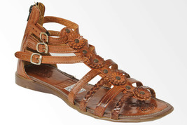 Womens Huarache Sandal Real Leather Ankle Gladiator Style Flowers Cognac #224 - £27.49 GBP