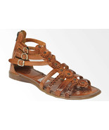 Womens Huarache Sandal Real Leather Ankle Gladiator Style Flowers Cognac... - £27.93 GBP