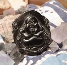 Black Obsidian Carved Buddha 2.6&quot; Genuine Obsidian Hand Crafted Drilled - $9.00
