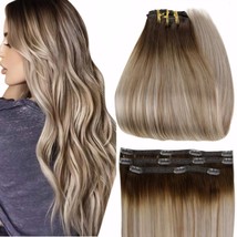 Full Shine Clip in Hair Extensions Balayage Human Hair Ombre Ash Brown Mix Me... - £27.04 GBP