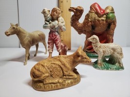 Vintage Celluloid ? Plastic 5 Piece Lot Nativity Putz Shepherd Sheep Camel Cow - £20.57 GBP