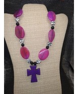 Toggle Cross Zebra, Black, Purple Beaded Necklace and 1 Earring Set. - $24.35 CAD