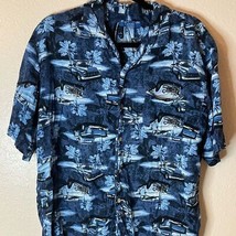 Vintage Puritan Hawaiian Shirt Men L Navy Palm Trees Classic Trucks Aloha Rayon - £11.55 GBP