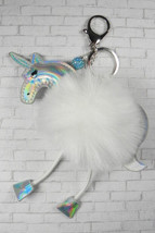 Pom Pom Unicorn Keychain Purse Charm Split Ring Lobster Claw Faux Fur White New - £15.89 GBP