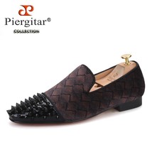 Plaid Design Brown Velvet Men Studded Shoes Handmade Red Bottom Men&#39;s Lo... - £200.57 GBP