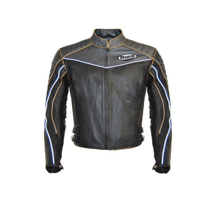 New Mens Buell Gray Black Motorcycle Biker Cowhide Leather Jacket Safety Pads 20