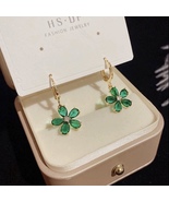 18K Gold Plated Green Crystal Flower Dangle Drop Earrings for Women - £7.83 GBP