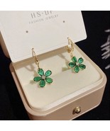 18K Gold Plated Green Crystal Flower Dangle Drop Earrings for Women - €8,67 EUR