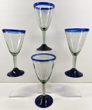 4 Mexican Hand Blown Cobalt Blue Rim Water Goblets Set Wine Glasses Stemware Lot - £39.31 GBP