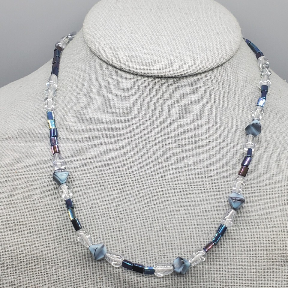 Art Glass Beaded Necklace Blue Clear Swirl Iridescent 18&quot; - $24.99