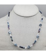 Art Glass Beaded Necklace Blue Clear Swirl Iridescent 18&quot; - $24.99