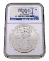 2012 S$1 Silver American Eagle Graded by NGC as MS-69 Early Releases - £46.39 GBP