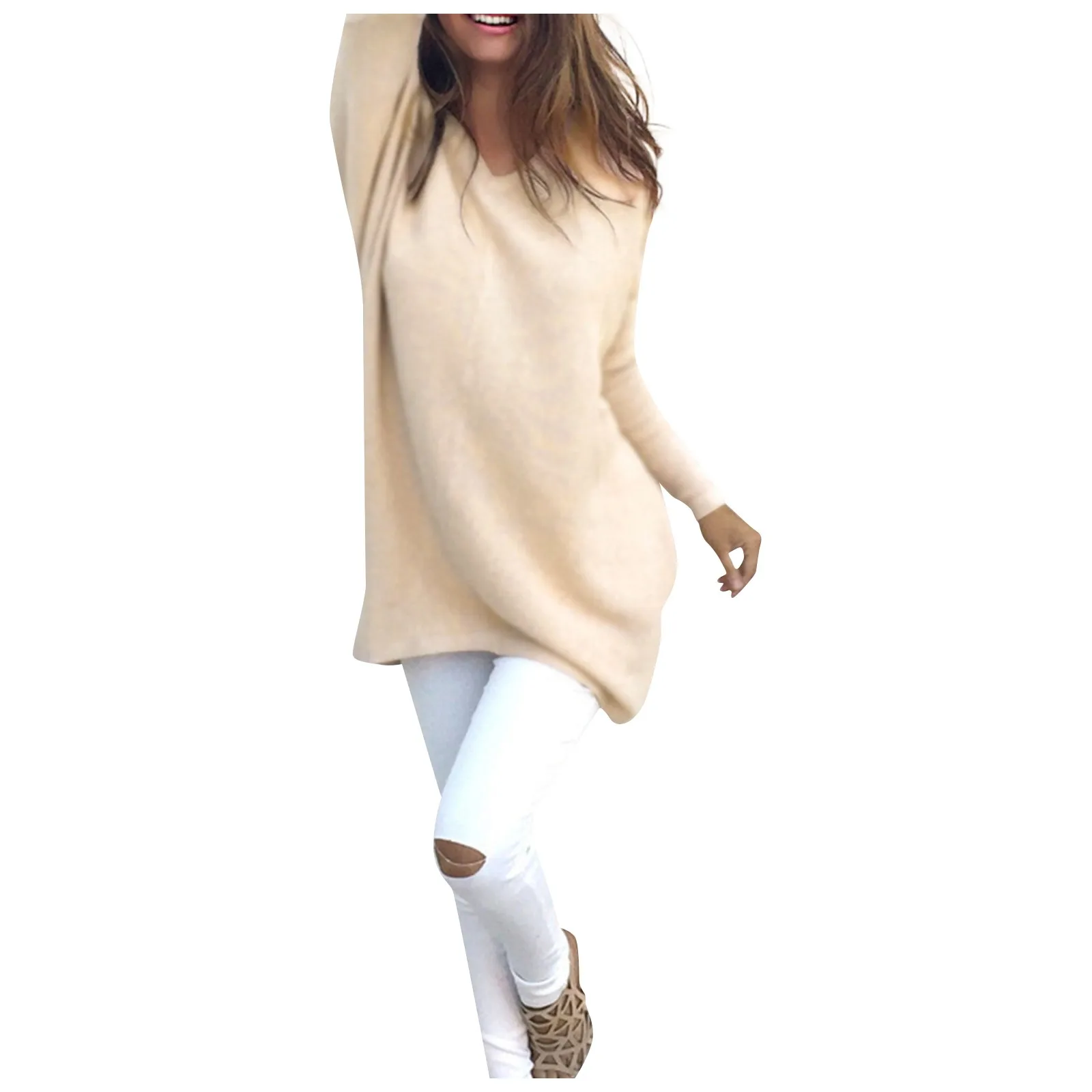 Vintage  Woman Autumn Winter   Pullovers  Solid Color  V-neck Long Sleeve Pullov - £83.46 GBP