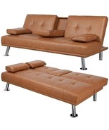 Brown Modern Faux Leather Cup Holders Convertible Sofa Bed Futon Sleeper - $1,024.80 CAD