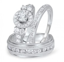 10K White Gold Finish 2CT. T.W Round Cut Diamond Matching Trio Wedding Ring Set - £111.07 GBP