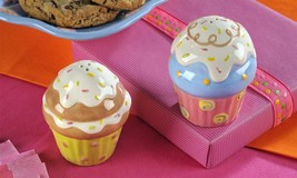 Cupcake Salt and Pepper Shaker Set Decorated Ceramic 3" High Pink Blue Pastel image 2