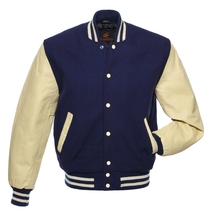 Letterman Varsity Bomber Baseball Jacket Navy Blue Body &amp; Cream Leather Sleeves - £89.95 GBP