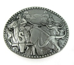 Texas Longhorn Cattle Drive Ranchers Belt Buckle Pewter Silver Western Cowboy  - £10.27 GBP