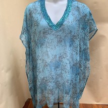 Jessica Taylor One Size Coverup Tunic Top or Dress Blue Sheer Butterfly Caftan - £15.74 GBP