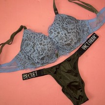 Victoria&#39;s Secret 32A Bra Set Xs Shine Strap Panty Blue Lace Green Velvet Velour - £63.11 GBP