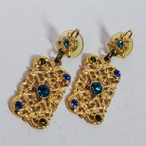 Statement Earrings Gold Tone w/ Green Blue 2 Inch Dangle Drop Pierced - $13.10