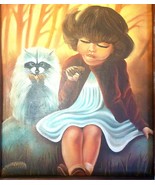 Vtg Painting Unsigned Young Girl &amp; Raccoon Examine Pinecones Oil on Cowh... - $250.42