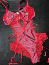 Victoria&#39;s Secret XL 38D Garter Teddy One-piece SATIN RED lace HOLIDAY W... - $89.09