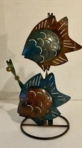 Vintage Metal Sculpture Fish Candle Holder 14 Inches Tall Blue &amp; Bronze Color - $15.84