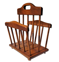 Vintage All Wood Magazine Rack Two Compartment Handle Teak Mini Small Do... - $24.24