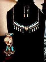 OOAK &quot;Reinvented Vtg&quot; SW Turquoise type, vtg bronze Bib Necklace, Brac &amp; Ear Set - £35.38 GBP