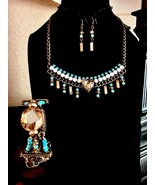 OOAK &quot;Reinvented Vtg&quot; SW Turquoise type, vtg bronze Bib Necklace, Brac &amp;... - £35.39 GBP