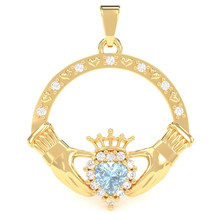 Aquamarine Diamond Claddagh  Pendant in 14k Yellow Gold - £394.29 GBP