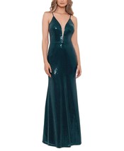 BETSY &amp; ADAM Women&#39;s Deep V-Neck Spaghetti-Strap Sequin Gown Emerald Siz... - £116.84 GBP
