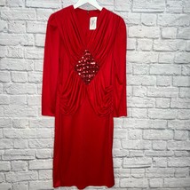 Vintage 80s Twist Front Dress Knee Length Sheath Size 12 Red Sequin Long... - £47.17 GBP