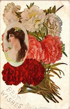 Best Wishes Woman and Flowers Vintage Postcard PC115 - $4.99