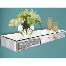 Mirrored Furniture Wall Shelf With Drawer, Crystal Diamond Floating Showcase, Si - £122.29 GBP