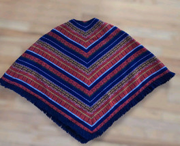 1960s Woven Lined Zip Yarn Fringe Poncho Cape Boho Hippy Geometric Festival - $41.59