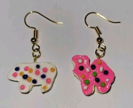 Frosted Animal Cookie Earrings Gold Tone Wire Snack Charm Cookie  - $8.50