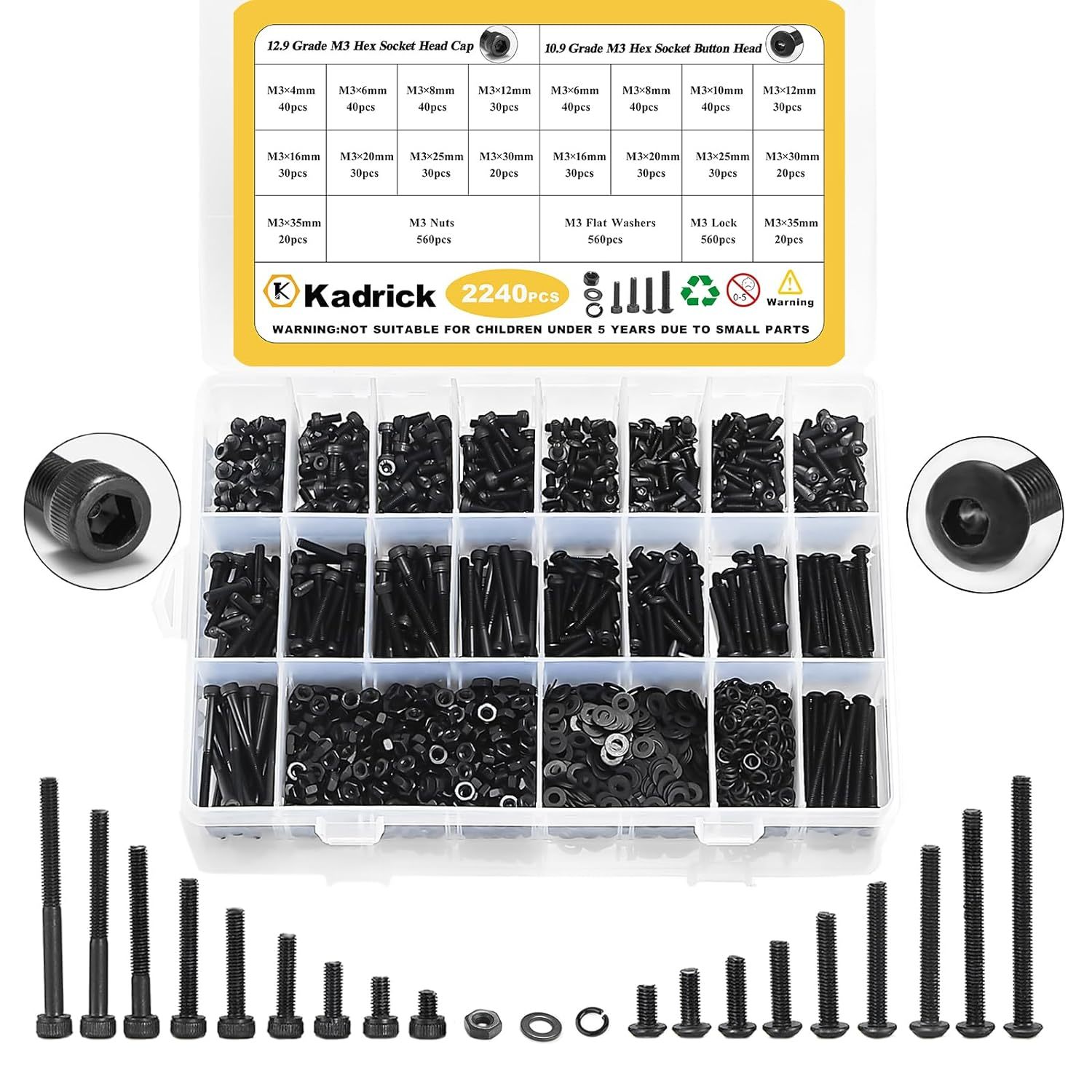 Kadrick 2240 Pcs M3 Screws Nuts Washers Assortment M3X4Mm-35Mm, Hex Socket - $35.99
