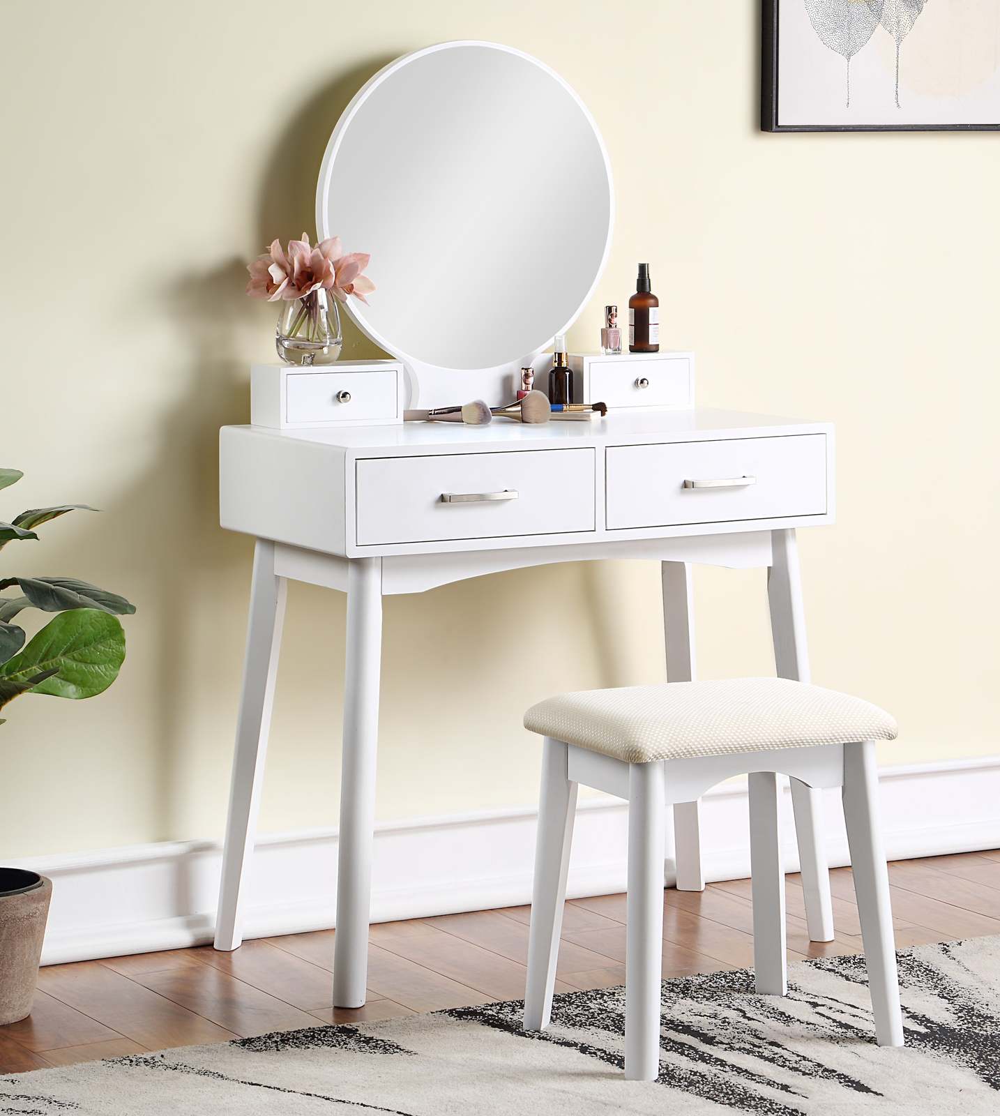 Liannon White Vanity Set: Modern Wood Vanity &amp; Stool - $228.99