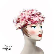 Vintage Pink White Fuchsia Silk Flower &amp; Fine Feather Floral Net Hat - H... - £23.63 GBP