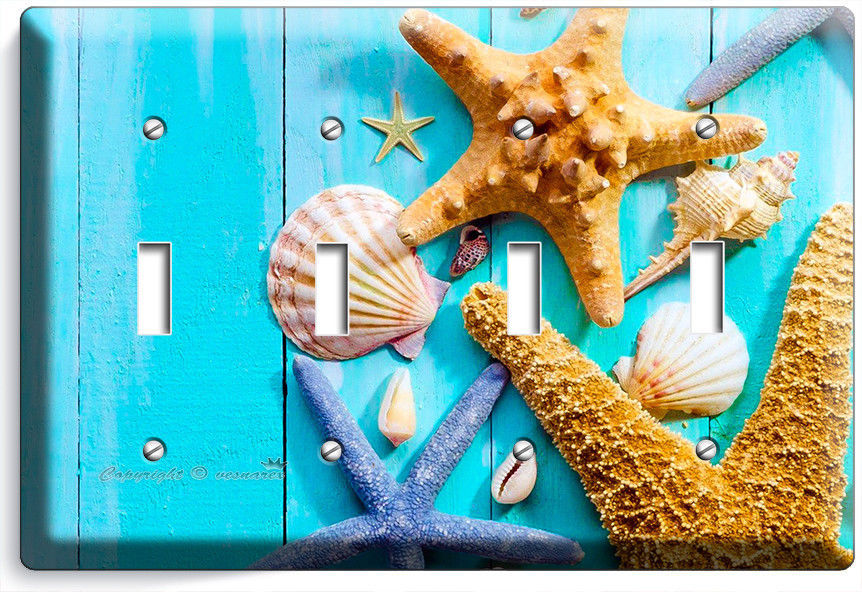 RUSTIC TURQUOISE WOOD NAUTICAL SEA SHELL STARFISH 4 GANG LIGHT SWITCH WALL PLATE