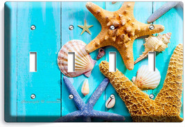 Rustic Turquoise Wood Nautical Sea Shell Starfish 4 Gang Light Switch Wall Plate - £14.86 GBP