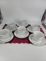 Leilani by Style House Cups &amp; Saucers 6 Sets Vtg Japan White/Gray/Silver  - $25.85