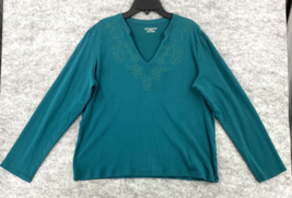 St Johns Bay Womens Top Size XL Green V-Neck Pullover Long Sleeve Embroidered - £8.88 GBP