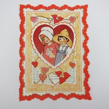 Vintage Valentine Card Die cut Bifold Boy &amp; Redhead Girl Hats Red Heart UNSIGNED - £6.38 GBP