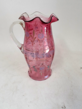 Antique Bohemian Moser Glass Pitcher, Beautiful Pink Enameled, 10&quot; - £43.12 GBP